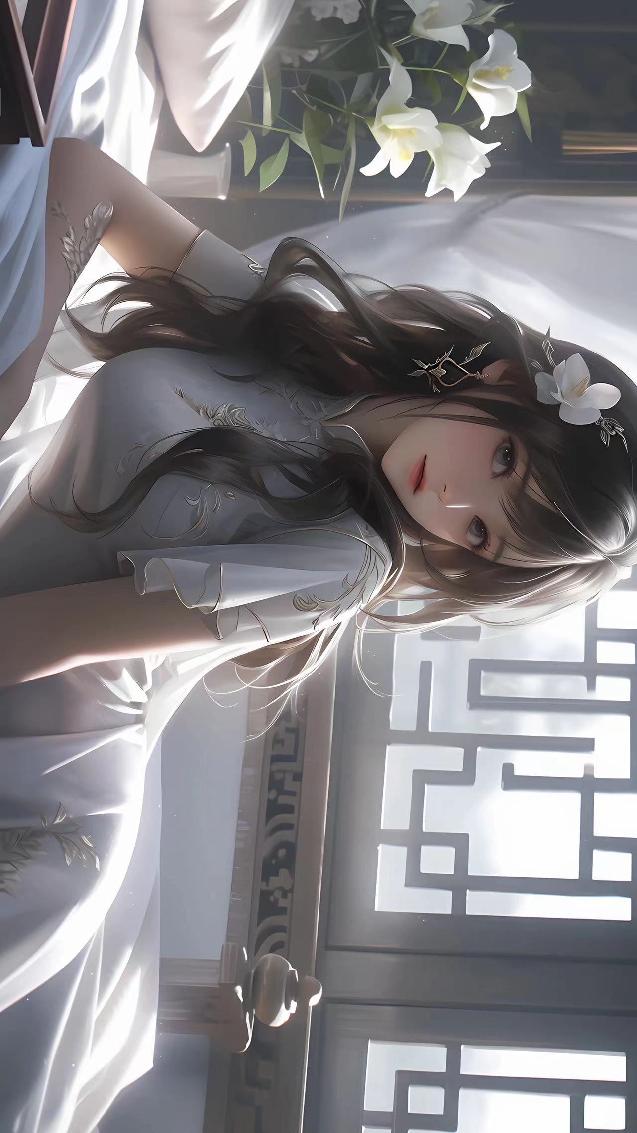 古风绘画长发美女_鲜花_4k壁纸