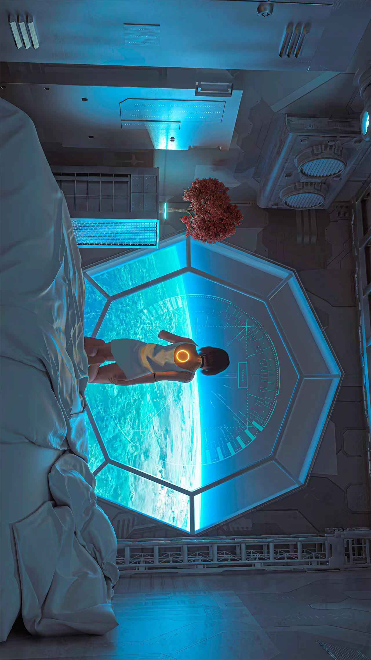 未来科幻_太空_宇宙_房间_树_机械人女孩_星球4k动漫壁纸